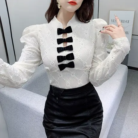 复古名媛气质上衣女2023春装新款蝴蝶结泡泡袖衬衫修瘦T恤长袖潮商品大图