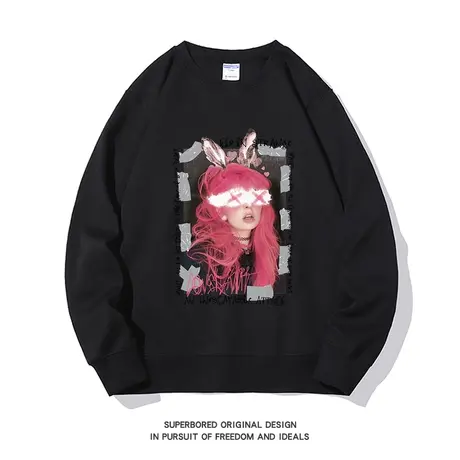 美式潮流红发女孩印花圆领卫衣男设计感套头宽松休闲无帽上衣潮商品大图