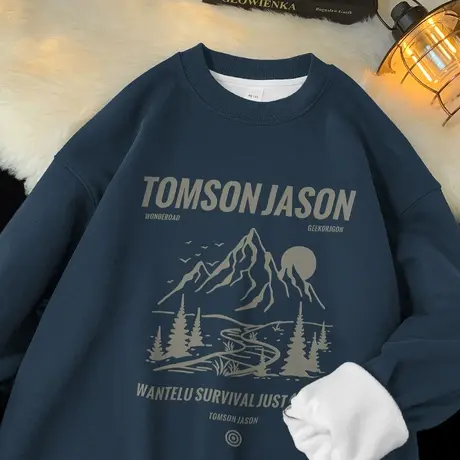 450g美式重磅卫衣男秋冬款摇粒绒保暖宽松无帽长袖t恤圆领打底衫商品大图