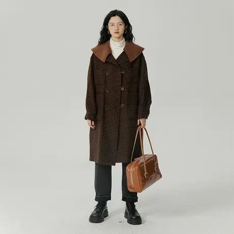 omont蛋挞家 格纹大翻领毛呢外套女秋冬复古宽松中长款呢子大衣商品大图