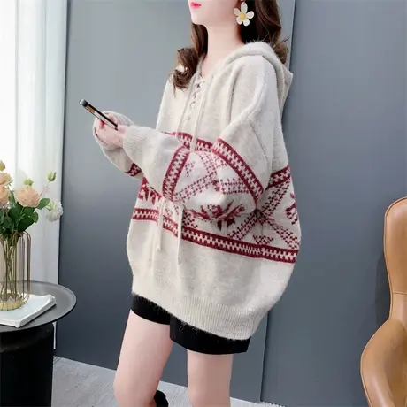 圣诞新年红色复古提花连帽毛衣女秋冬2023年新款宽松加厚软糯上衣商品大图