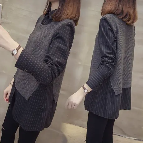 衬衫领针织衫女春秋假两件套头毛衣秋季2023新款韩版宽松外穿上衣商品大图