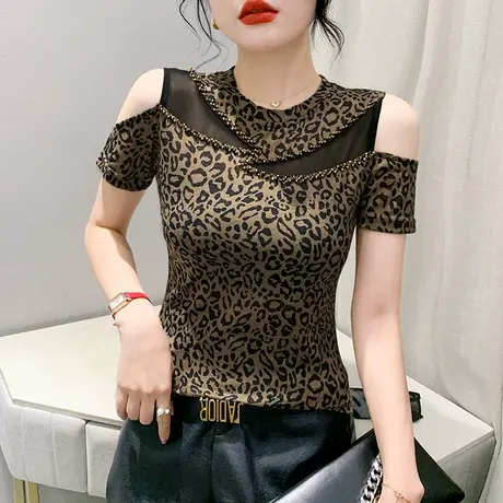 性感露肩短袖T恤女欧货2024新款网纱拼接气质小衫别致印花上衣夏商品大图