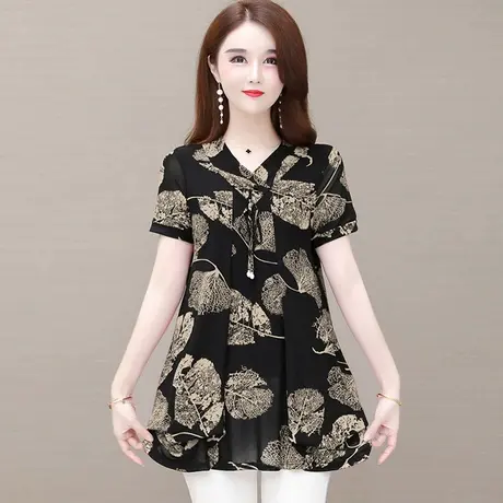 夏装2023年新款碎花上衣短袖蕾丝雪纺衫女大码胖mm遮肚子显瘦妈妈商品大图