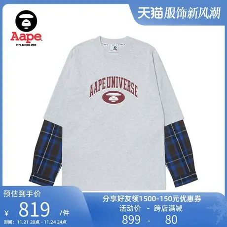 Aape旗舰店男装春夏猿颜图案字母印花格纹拼接美式长袖T恤1402XAL商品大图