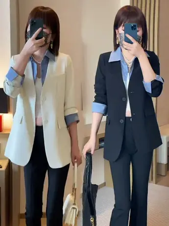 小西装女短外套2023春秋新款宽松显瘦假两件套衬衫领西服上衣外搭商品大图