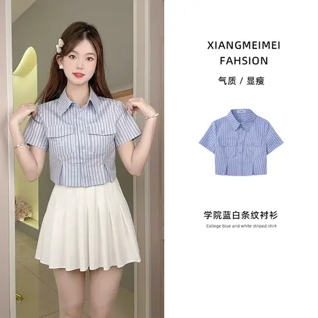 学院风蓝色条纹衬衫女设计感小众复古短袖百搭衬衣修身短款上衣夏商品大图