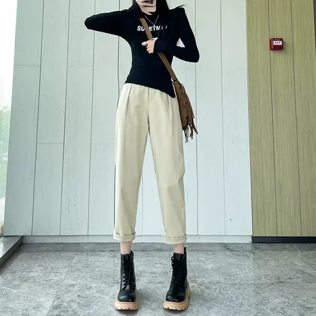 米色直筒裤女2024春秋新款高腰宽松显瘦小个子九分百搭哈伦萝卜裤商品大图