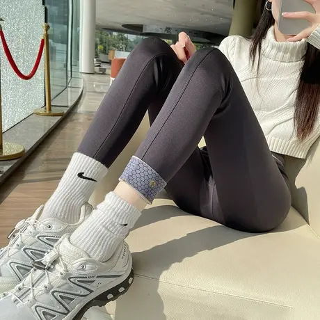 灰色加绒鲨鱼裤女外穿高腰收腹提臀打底裤秋冬芭比裤健身瑜伽裤子图片
