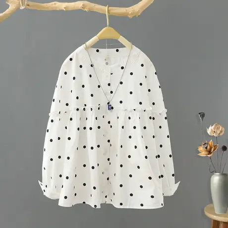 早秋新款圆点长袖衬衫女设计感小众圆领纯棉波点宽松衬衣打底上衣图片
