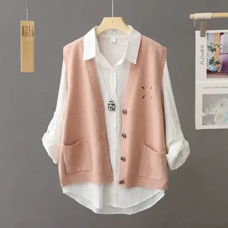 学院风针织马甲背心女款秋冬冬叠穿外搭坎肩宽松无袖毛衣开衫马夹图片