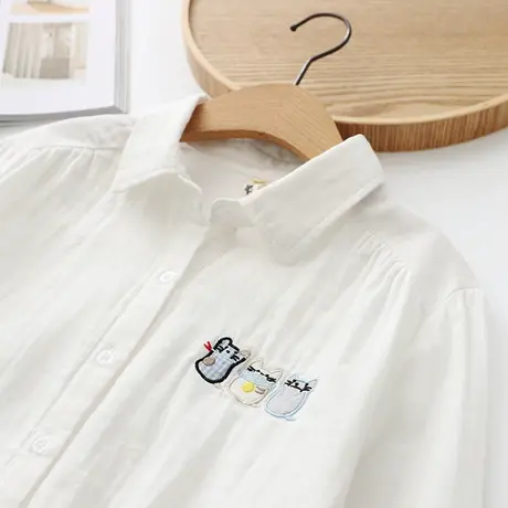 春季新款日系文艺学生女士衬衫女宽松纯棉双层纱刺绣白色打底衬衣图片