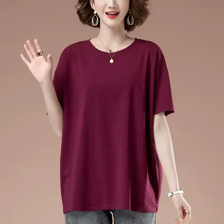 短袖t恤女中长款加肥加大码女装夏季宽松全棉休闲遮肚子半袖体恤商品大图