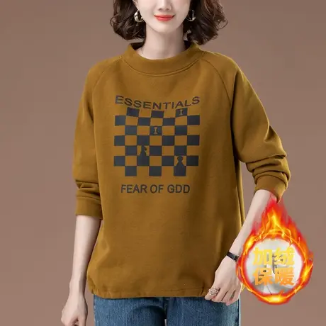 中年妈妈加绒加厚卫衣女秋冬宽松加肥加大码女装半高领打底衫上衣商品大图