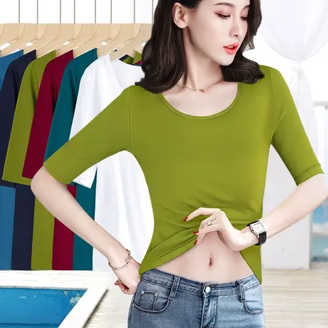 芥末绿色纯棉修身圆领五分袖t恤女中袖春秋纯色显瘦七分袖上衣女商品大图