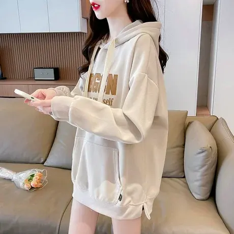 早秋装小个子连帽卫衣女春秋季韩版宽松大码薄款中长款遮屁股外套商品大图