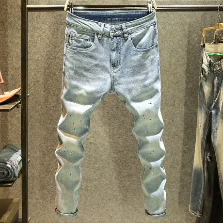 个性泼墨牛仔裤男款时尚百搭修身小脚裤夏季ins潮流字母印花裤子商品大图