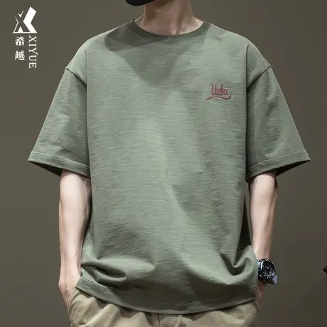 夏季透气抗皱竹节棉t恤男橄榄绿刺绣短袖300g重磅宽松大码男装潮图片