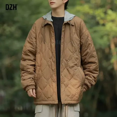 青少年棕色假两件夹棉外套男冬棉服2024新款菱格棉衣男款冬季加厚图片