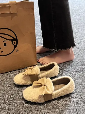 羊羔毛毛鞋女外穿2023年新款秋冬蝴蝶结法式温柔平底加绒豆豆棉鞋商品大图