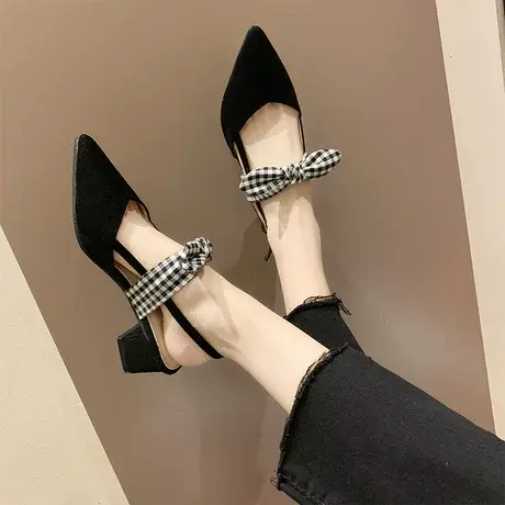 包头凉鞋女仙女风2024新款春季百搭蝴蝶节一字带高跟鞋女粗跟单鞋商品大图