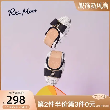 REEMOOR睿慕2024夏季蝴蝶结单鞋女复古时尚小香风格纹浅口平底鞋商品大图