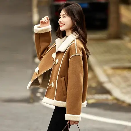 时尚气质百搭皮草外套女2023年冬季新款羊羔毛通勤设计感夹克上衣图片