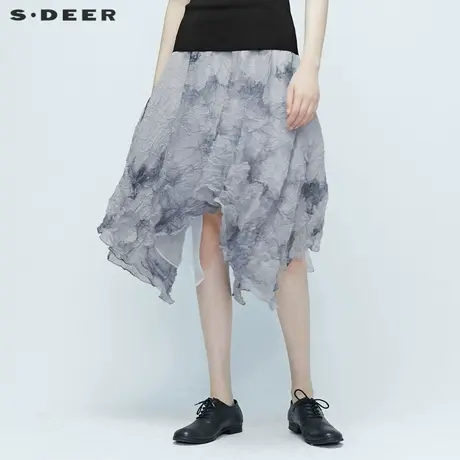 sdeer圣迪奥夏装女文艺水墨晕染抓皱不规则长裙S20281125图片