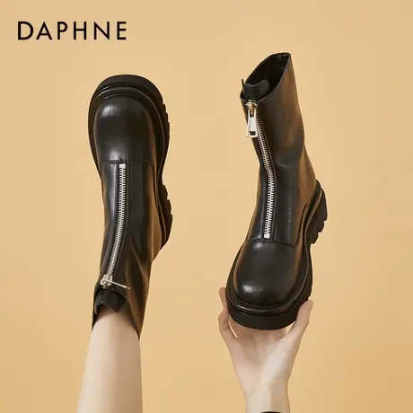 达芙妮前拉链马丁靴女2021年冬季新款加绒英伦风厚底圆头软皮短靴商品大图
