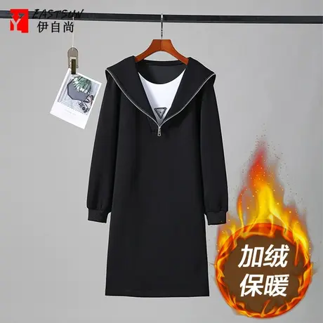 伊自尚加绒卫衣裙大码女装胖mm秋装气质显瘦收腰百搭连帽连衣裙潮商品大图