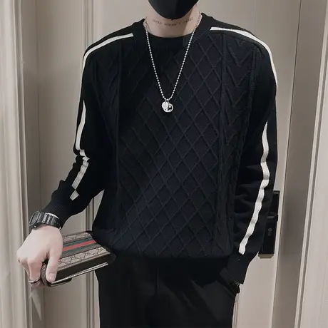 设计感菱格扭花拼接毛衣男秋冬2023新款潮牌撞色个性内搭针织线衣图片