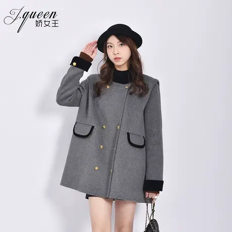 毛呢外套女秋冬季新款气质时尚高级感宽松立领双排扣撞色呢子上衣商品大图