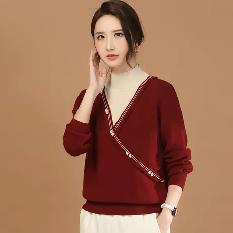 新品85折】半高领假两件毛衣女2023冬季新款休闲长袖内搭打底衫商品大图