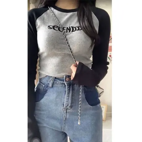 韩系长袖T恤女秋冬短款小个子内搭打底衫德绒加绒加厚插肩袖上衣商品大图