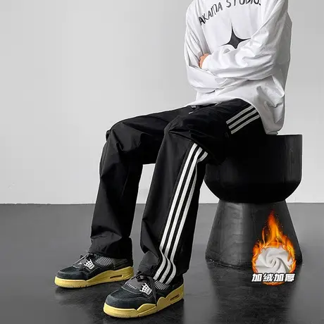 加绒加厚裤子男秋冬季新款运动休闲裤宽松潮流三条杠直筒拖地长裤商品大图