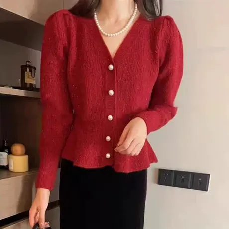 V领女士针织开衫小个子毛衣外套2024年新款爆款洋气上衣春秋外穿商品大图