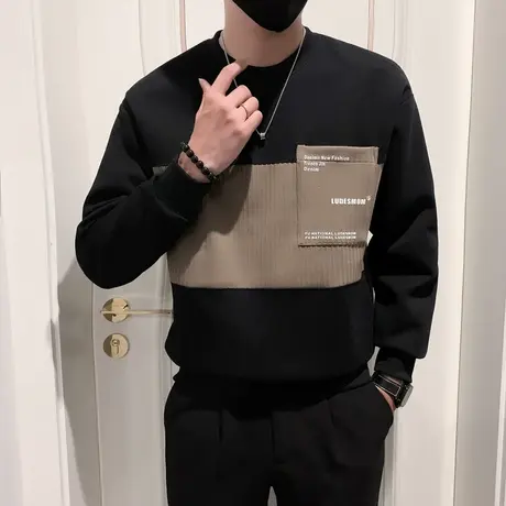 套头卫衣男春秋季2023新款潮流拼接设计感长袖打底衫个性上衣外套商品大图