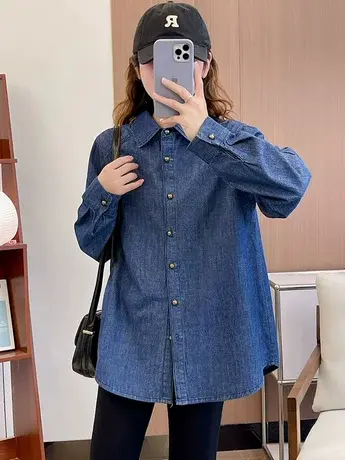 深蓝复古港风长袖牛仔衬衫女2024早春新款简约百搭叠穿小个子上衣商品大图