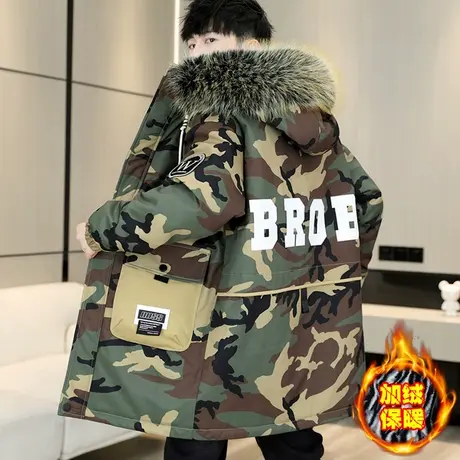 棉服男士中长款冬季潮牌连帽加绒加厚迷彩夹克军大衣派克服棉袄子商品大图