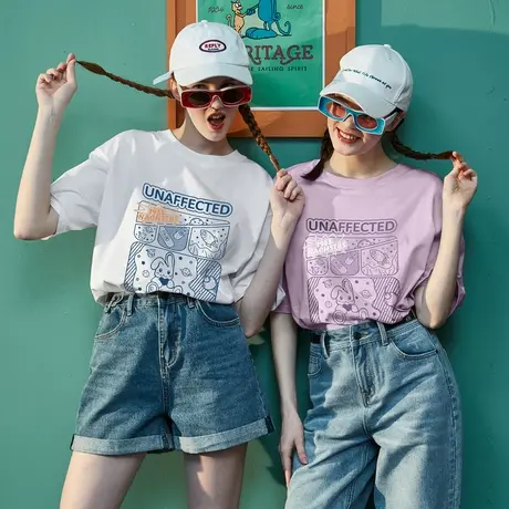 唐狮2022夏装新款女短袖T恤休闲潮牌短袖上衣女白色宽松设计感ins商品大图