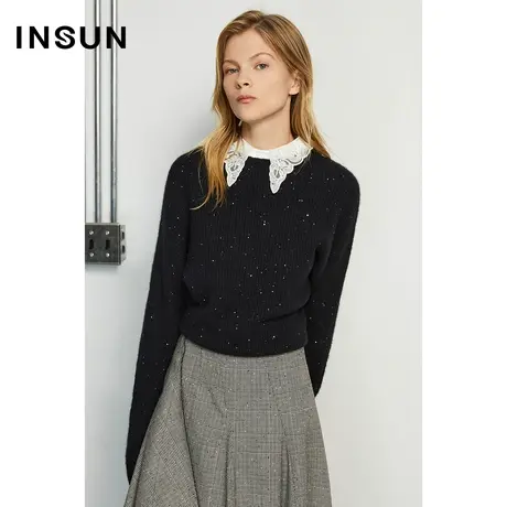 INSUN恩裳春季假两件可拆卸蕾丝衬衫领毛织衫图片