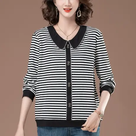 长袖t恤女春季新款加肥加大码女装宽松中老年妈妈翻领条纹打底衫商品大图