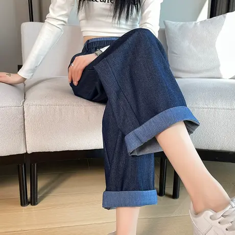 翻边哈伦牛仔裤女春夏薄款天丝高腰显瘦宽松小个子九分阔腿灯笼裤图片