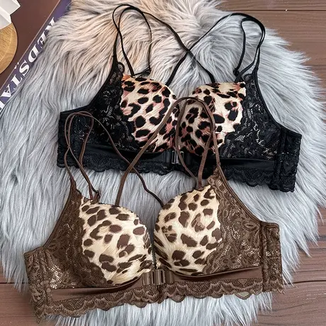 前扣性感豹纹美背内衣女聚拢无痕收副乳防下垂小胸显大文胸套装商品大图