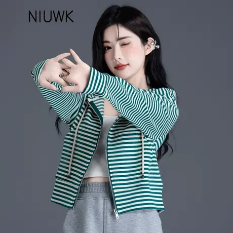 2024年绿色条纹卫衣外套女宽松休闲学院风小个子高腰连帽短款上衣图片