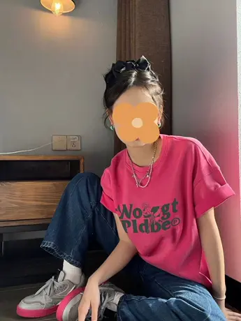 纯棉玫红色短袖t恤女夏季新款设计感小众宽松港味chic上衣小个子商品大图