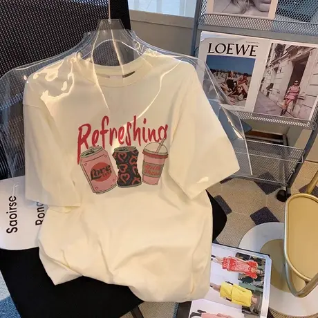 新款正肩纯棉短袖T恤2024爆款时尚百搭打底半袖显瘦杏色上衣夏季商品大图