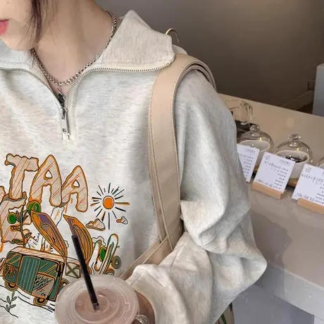 polo领半拉链卫衣女春秋季薄款2024新款爆款宽松oversize早春上衣图片