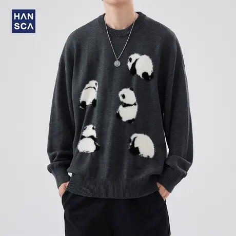 hansca国潮熊猫刺绣圆领毛衣男秋冬季美式潮牌慵懒休闲针织衫外套商品大图
