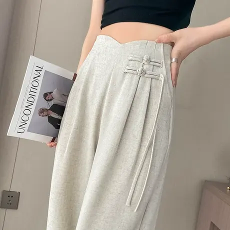 新中式盘扣阔腿西装裤女春季高级感垂感高腰休闲小个子直筒拖地裤图片